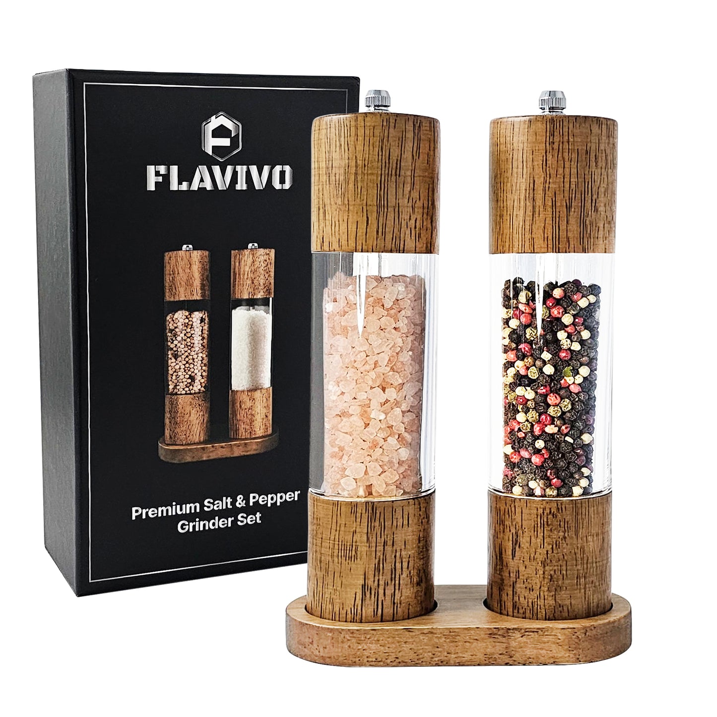 Wooden Salt and Pepper Grinder Set, Manual Premium Acrylic Salt and pepper Mills with Adjustable Ceramic Core and Wooden Stand, 8-Inch Refillable Giftable Shakers (2 Pieces with Tray)