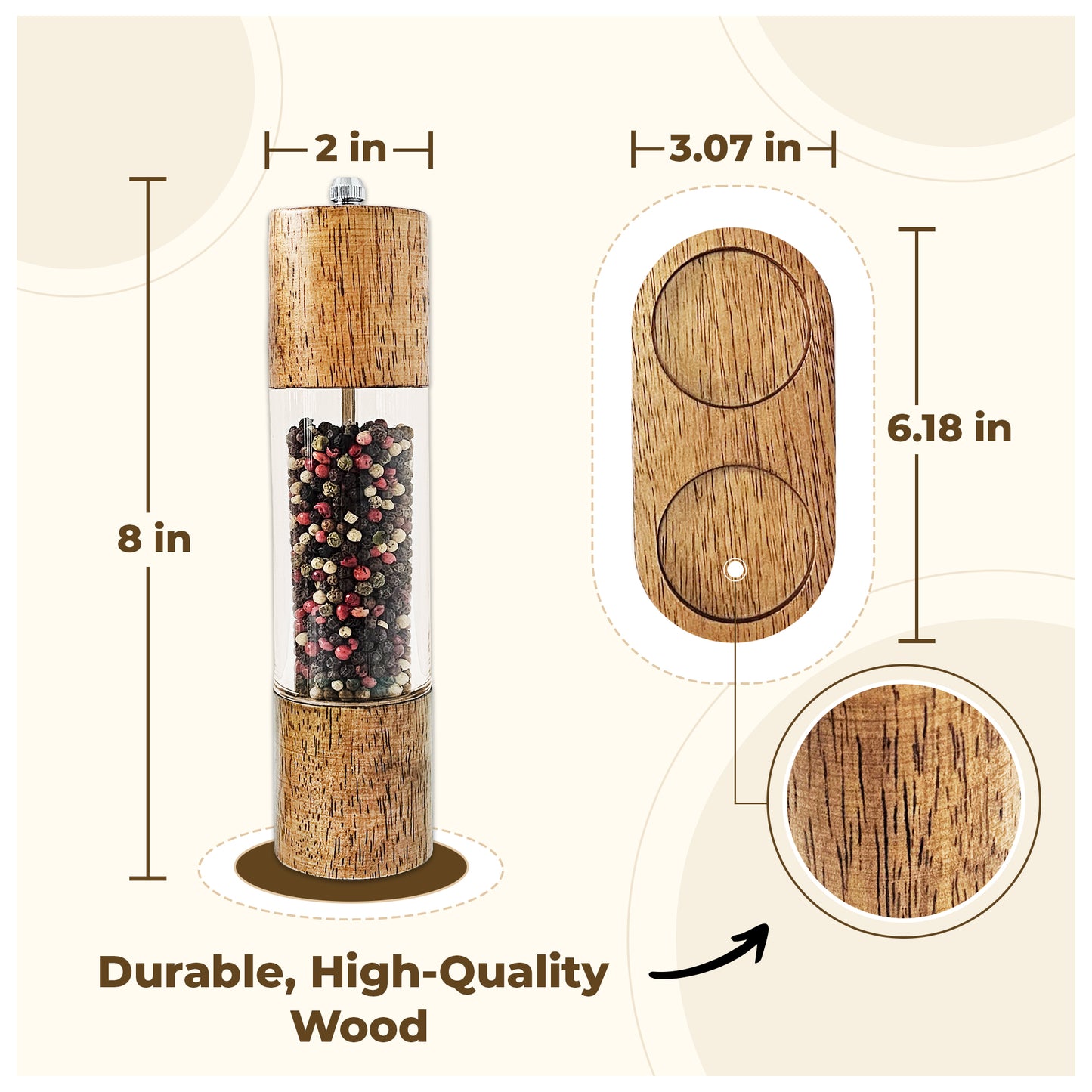 Wooden Salt and Pepper Grinder Set, Manual Premium Acrylic Salt and pepper Mills with Adjustable Ceramic Core and Wooden Stand, 8-Inch Refillable Giftable Shakers (2 Pieces with Tray)