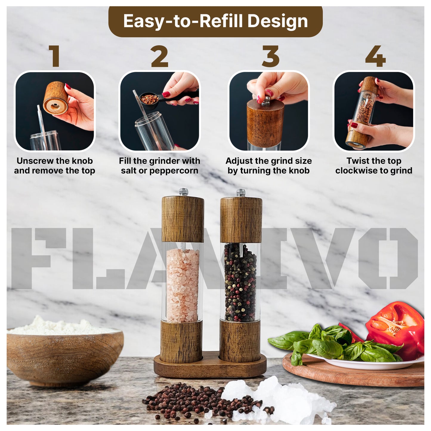 Wooden Salt and Pepper Grinder Set, Manual Premium Acrylic Salt and pepper Mills with Adjustable Ceramic Core and Wooden Stand, 8-Inch Refillable Giftable Shakers (2 Pieces with Tray)