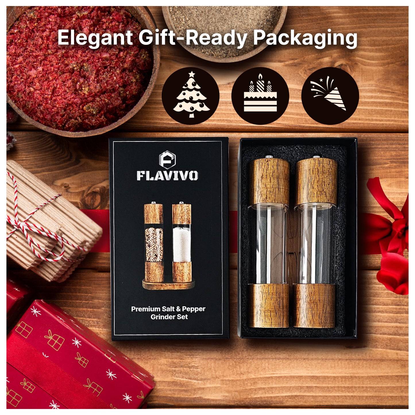 Wooden Salt and Pepper Grinder Set, Manual Premium Acrylic Salt and pepper Mills with Adjustable Ceramic Core and Wooden Stand, 8-Inch Refillable Giftable Shakers (2 Pieces with Tray)