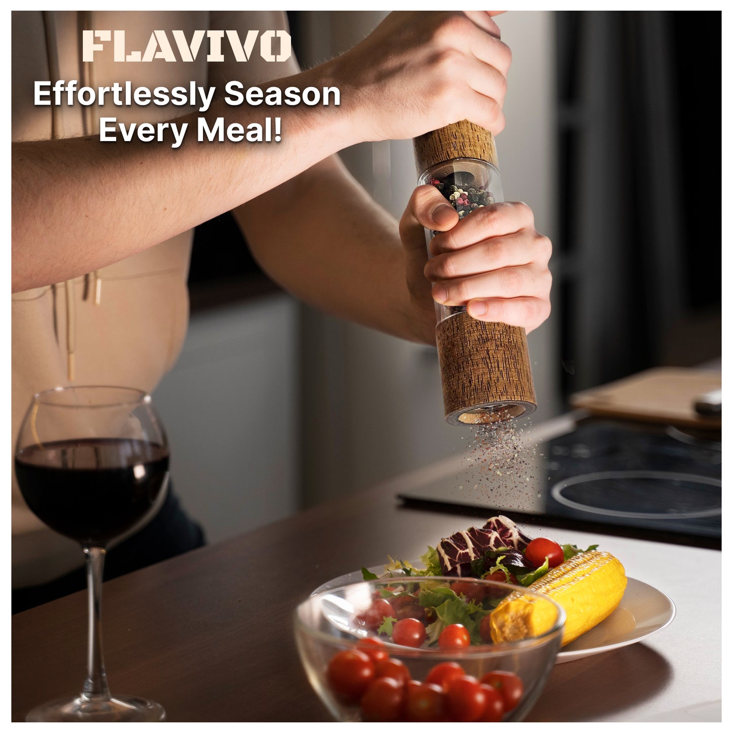 Wooden Salt and Pepper Grinder Set, Manual Premium Acrylic Salt and pepper Mills with Adjustable Ceramic Core and Wooden Stand, 8-Inch Refillable Giftable Shakers (2 Pieces with Tray)