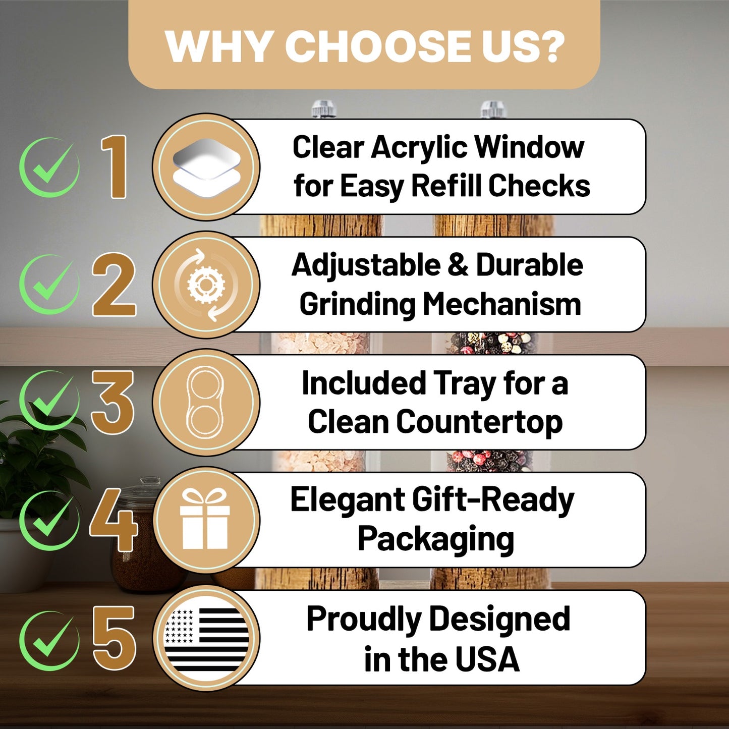 Wooden Salt and Pepper Grinder Set, Manual Premium Acrylic Salt and pepper Mills with Adjustable Ceramic Core and Wooden Stand, 8-Inch Refillable Giftable Shakers (2 Pieces with Tray)